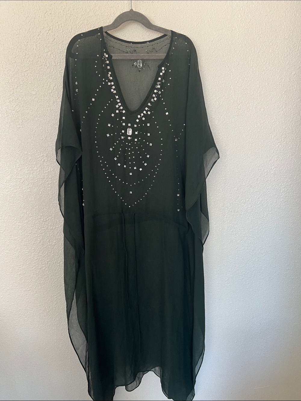 Sheer Dark Green Beaded V-Neck Caftan